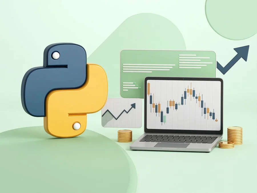 Логотип Python рядом с ноутбуком и графиком